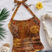 Resim Güneş Tanrısı & Çiçek Desenli Esnek Atlet - %95 Polyester/%5 Elastan Karışımı, Bağcıklı Detaylı Şık Tasarım, Makinede Yıkanabilir Yazlık Plaj Giysisi Kadınlar İçin 