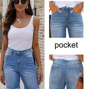 Resim Kadınların Yüksek Esneklikli Kot Şortları - Retro Mavi Yıkanmış Jean Şortları, Yumuşak ve Kalça Kaldırıcı Rahat Sokak Stili, Ham Kenar, Yüksek Bel, Kemer Yok, Bahar/Yaz için Mükemmel, Spor Salonu Şortu 