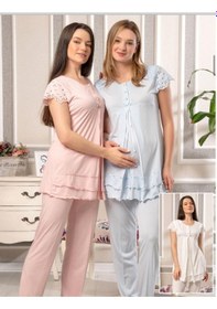 Resim Bone Club 5816 Mavi Vual Penye Hamile Lohusa 3 Lü Pijama Sabahlık Tk 001 