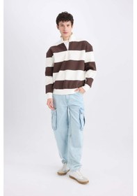 Resim DeFacto Boxy Fit Fermuarlı Dik Yaka Çizgili Sweatshirt C7045AX24AUBN497 Kahve Kahverengi 