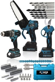 Resim POWER BLACK GERMANYPROFESYONEL 2Akülü3LÜ SET Şarjlı Dal Ağaç Kesme Testere + Bağ Budama Makası + Akülü Vidalama 