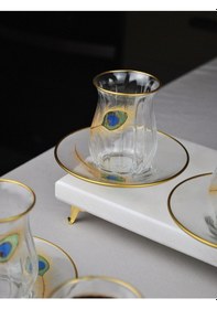 Resim 12 Parça 6 Kişilik Lüx Cam Çay Seti Gold Detaylı Altın Renk İşlemeli Lüks Çay Takımı Altın 