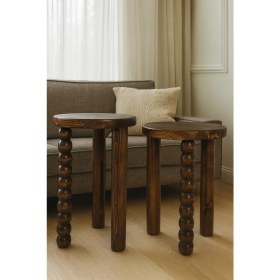 Resim Ceviz Renk 2li Doğal Masif Ahşap Yan Sehpa Zigon Fiskos Seti 