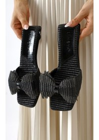 Resim Tonka Siyah Hasır Fiyonk Bantlı Kısa Topuklu Terlik 001 