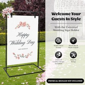 Resim Düğün Karşılama İşaret Standı, 48" x 28" x 21" Düğün İşaret Tutucumuza Hoş Geldiniz, Mat Çelik Çerçeve, 4 Deri Kayışlı Zemin Ayakta Şövale, Poster, Siyah 