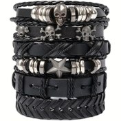 Resim Vintage Kafatası & Şans Yıldızı Çok Katmanlı Örgülü Bileklik Seti - Suni Deri, Metalik Detaylı, Günlük Kullanım, Partiler ve Hediyeler İçin İdeal, Parti Aksesuarı|Vintage Tarzı Bileklik|Dayanıklı Bileklik, Kafatası Bileklik, Erkek Bilekliği 