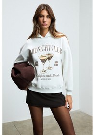 Resim LUKKIS Kadın Yumuşak Kumaşlı Nakışlı Kapüşonlu Ekru Sweatshirt 