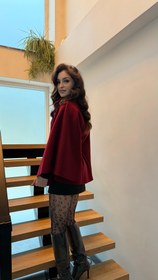 Resim Önden Düğmeli Kürk Yaka Panço Bordo 