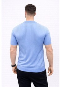 Resim Erkek Kısa Kol Fitilli Triko T-shirt Yazlık Hakim Yaka Tişört - Bebek Mavisi 