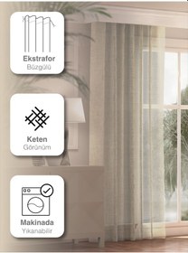 Resim Br Favolli Krem Renk Keten Görünümlü Pileli Tül Perde Ütü Istemez Krem 