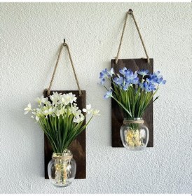 Resim Led Işıklı, Mavi Ve Beyaz Nergis Çiçekli Duvar Dekoru Ceviz İkili Set Ceviz 