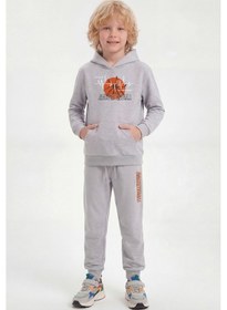 Resim Fyk Kids Kanguru Cepli Kapüşonlu Basketbol Baskı Detaylı Erkek Çocuk Eşofman Takımı Gri 