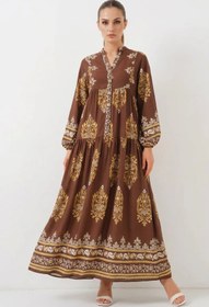 Resim MORADO SE SIENTE PERFECTO Kadın Hakim Yaka Beli Büzgülü Otantik Desenli Viskon Beyaz Kahve Tesettür Elbise 