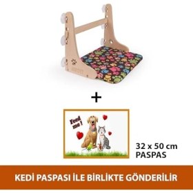 Resim Tech Butiq Gobypet Güçlü Vantuzlu Kedi Cam Yatağı, Asılan Ahşap Kedi Yatağı, Pencere Önü Dinlenme Alanı, Çıkarılabilir Minderli, Standart (Patili Desen) 