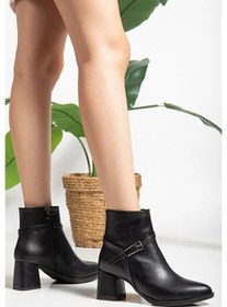 Resim Feles Toka Detaylı Klasik Topuklu Kadın Bot Siyah 