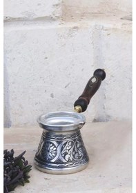 Resim Bakır Cezve Sedef Kulplu Oyma Nakış İşleme Gümüş Renk 3 Kişilik 