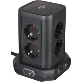 Resim Priz Kulesi, 8 Bölmeli, Usb'li, Tüv Süd Sertifikalı 8 Bölmeli Priz Bloğu, 4 X Usb, Siyah, 2 M Kablo 1 