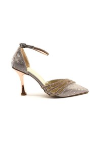 Resim Feles Bilek Bağlı Üç Şerit Taş Detaylı Topuklu Stiletto Kadın Ayakkabı Gold Ayna 