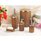 Resim İmera Akrilik Yapım Gümüş Çizgi Soft Banyo Takımı 5'li Yuvarlak Banyo Seti Kahverengi 
