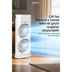 Resim Neffo Şarjlı Kumandalı Dönen Işıklı Buz Buharlı Vantilatör Fan Nemlendirici Klima Soğutucu Çift Fanlı 