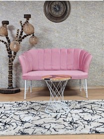 Resim Zafir İkili Beyaz Boyalı Tel Ayak Papatya Çay Seti Koltuk Takımı , Balkon, Salon, Ofis, Cafe Koltuk Takımı Pembe 