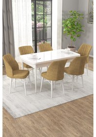 Resim Arel Beyaz 80x132 Açılabilir Mdf Masa Yemek Odası Takımı, Mutfak Takımı 6 Adet Sandalye Beyaz Masa - 6 Cappuccino - Beyaz Ayak 