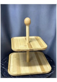 Resim 2 Katlı Kare Bambu Sunumluk Doğal Bambu Servis Standı, Kek & Pasta Sunum Tepsisi Açık Kahverengi 