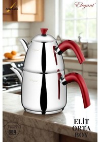 Resim Elit Orta Boy Bakalit Kulplu Çaydanlık Takımı - Kırmızı Kırmızı 