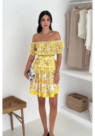 Resim Asprin Fashion İthal Krep Kumaş Desen İkili Takım Sarı Sarı 