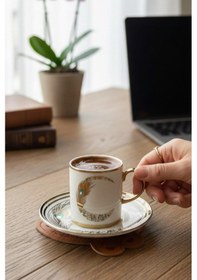 Resim 6 Kişilik Tavus Kuşu Desenli Porselen Türk Kahvesi Fincan Takımı - 90 Ml Diğer 