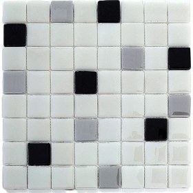 Resim MozaiKristaL Mutfak Tezgah Arası, Banyo, Sauna, Spa, ve Yaşam Alanlarının Tüm Yüzeyleri İçin. Beyaz-Siyah-Gri Mix. 31.5X31.5 Cm. Fileli Cam Mozaik. ( 10 File Karo = 1 M2 Fiyatıdır ) 