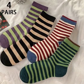 Resim 4 Çift Kadın Renk Bloklu Çizgili Orta Boy Çorap - Karışık Desenler, Canlı ve Nötr Tonlar, Yumuşak Dayanıklı Kumaş, Makinede Yıkanabilir Günlük ve Resmi Giyim için, Çok Amaçlı Çorap Modelleri, Dayanıklı Malzeme, Trend Tasarım, Nefes Alabilen Kumaş, Günlük Gereklilik 