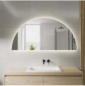 Resim 35x70 Cm Yarım Oval Led Banyo Aynası Dokunmatik Sensörlü, Dimmerli, 3000k Günışıklı Modern Duvar Aynası Sarı 