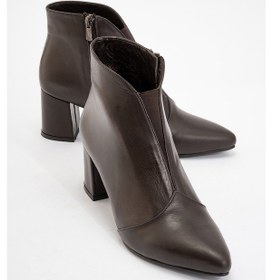 Resim Finda Kahverengi Cilt Hakiki Deri Kadın Topuklu Bot Kahverengi Deri 