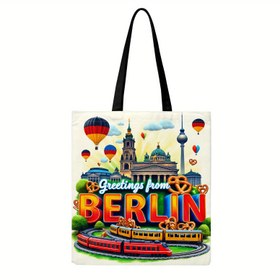 Resim Kadınlar İçin Vintage Berlin Esintili Tote Çanta - Renkli Simge Yapıtları ve Sıcak Hava Balonları Desenli, Katlanabilir Polyester Omuz Çantası, Seyahat ve Günlük Kullanım için, Ona Özel Hediye, Berlin Tasarımı, Astarsız İç Mekan 