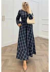 Resim Neşeli Butik Kadın Ekose Desenli Düğme Detaylı Tesettür Elbise Nms076 Lacivert 