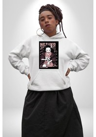 Resim Nezuko Demon Slayer Kadın Erkek Beyaz Kapüşonlu Sweatshirt Hoodie Beyaz 
