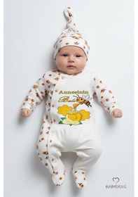 Resim Babyden's Annesinin Balı Yazılı Yenidoğan Bebek Tulumu Şapka Seti Arı Desenli Unisex Çıtçıtlı Bebek Tulum Ekru - Çok Renkli 