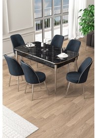 Resim Canisa Pale Serisi 80x132 Açılabilir Siyah Mermer Desen Mutfak Masa Takımı 6 Antrasit Sandalye Krom Detay Masa Siyah Mermer Sandalye Antrasit Krom Ayak 