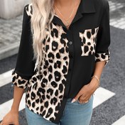Resim Kadınlar İçin Casual Leopar Desenli Uzun Kollu Gömlek - Siyah ve Hayvan Desenli Yaka, Klasik Lapel Yaka Yazlık Üst, Makinede Yıkanabilir Esnek Olmayan Bluz, Şık Ofis Giyimi, Dayanıklı Kumaş, Yetişkin Giysi 