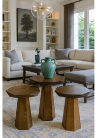 Resim Ahşap Mantar Sehpa 3 Lü Set Ceviz Renk Doğal Zigon Ve Fiskos Takımı - Coffee Table Ceviz 