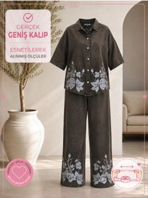 Resim Trieste Büyük Beden Yakalı Düğmeli Kapri Kol Çiçek Desenli Bol Paça Denim Kadın İkili Takım 