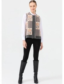 Resim Desen Triko Kadın Sıfır Yaka Patchwork Arkası Keçe Kısa Yün Yelek 24074 Füme Füme 