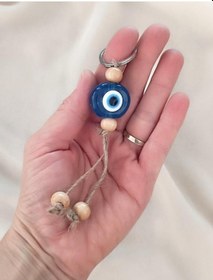 Resim Nazar Boncuk Şeffaf Mavi Anahtarlık 5 Adet Kötü Göz Kovucu Ahşap Boncuklu Nazar Hand Made Hasır Nazarlı Anahtarlık 