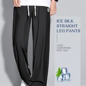 Resim Erkekler için Buzlu Sliky Fiber Kumaş Geniş Bacaklı Pantolon - Serinletici, Esnek Yaz Pantolonu, Bağcıklı Bel, Hafif ve Nefes Alabilen Rahat Giyim | Rahat Fit Pantolon | Pürüzsüz Dokulu 