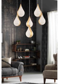 Resim Biana 6'lı Yuvarlak Gold Damla Başlıklı Modern Salon Led Avize Altın 