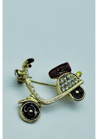 Resim Kristal Taşlı Scooter Tasarımlı Broş Altın Renk Şık Retro Motor Figürlü Aksesuar Bordo 