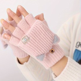 Resim 1 Adet Sevimli Kızlar İçin Kalınlaştırılmış Sonbahar ve Kış Eldiveni, Yarım Parmak Karakterli Kedi Kulaklı Tasarım, 5-12 Yaş Gençler İçin Mükemmel Hediye, Dış Mekan Oyunları ve Günlük Kullanıma Uygun 