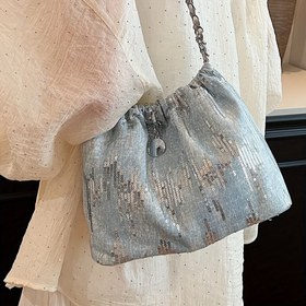 Resim Kadınlar için Yeni Vintage Payet Kot Kova Çanta, Benzersiz Kişilikli Şık Zincirli Rahat Çapraz Çanta. 