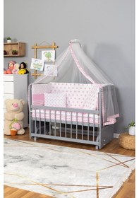 Resim Ahşap Beşik Anne Yanı Beşik Gri 60x120 - Pembe Yıldız Tek Yastık Uyku Seti + Yatak Gri 